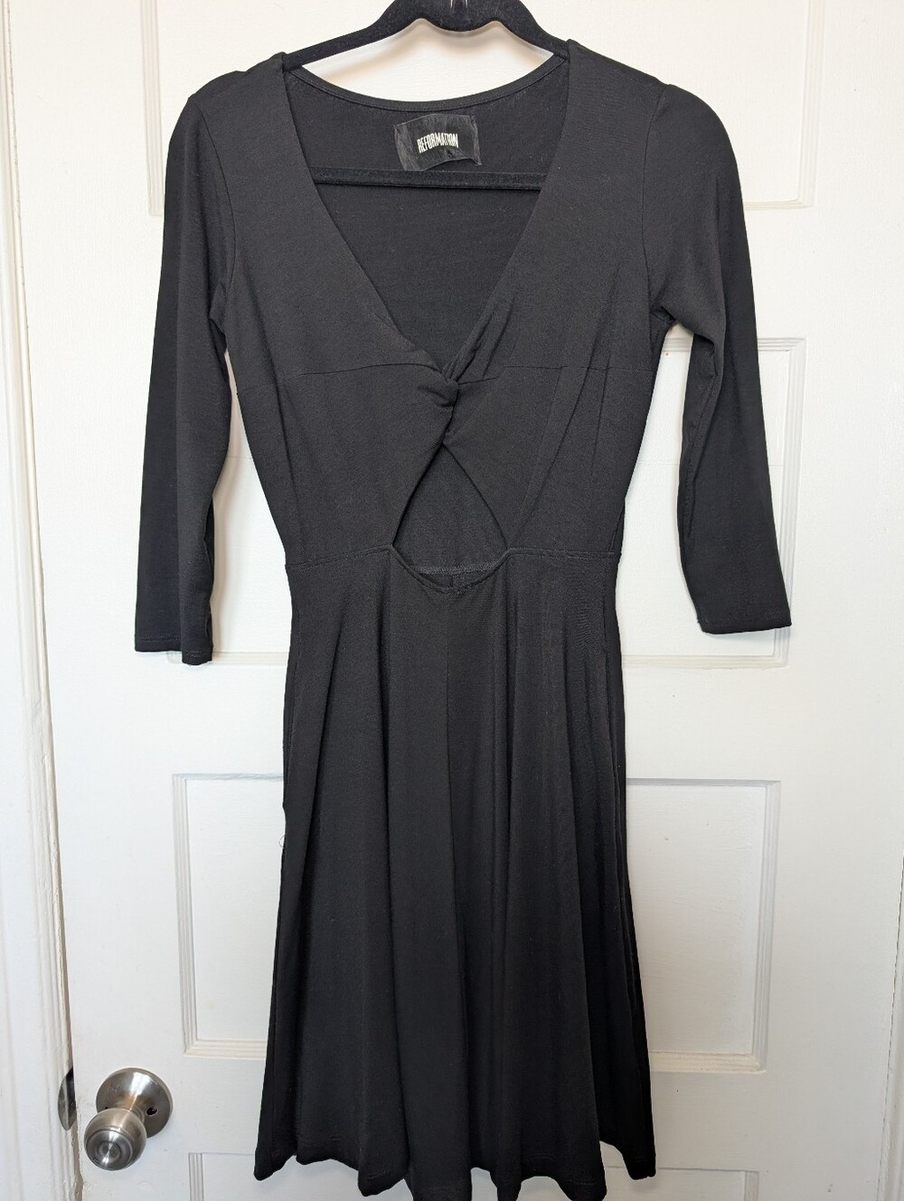 Reformation Witchy Black Long-Sleeve Twist-Front Fit & Flare Dress‎ w Pockets